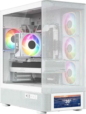 Produktbild von MODECOM VOLCANO AQ500, Weiß, Midi Tower PC Gehäuse, Glasfenster, 4 ARGB Lüfter, Controller, Mesh Design, passend für ATX und Micro-ATX