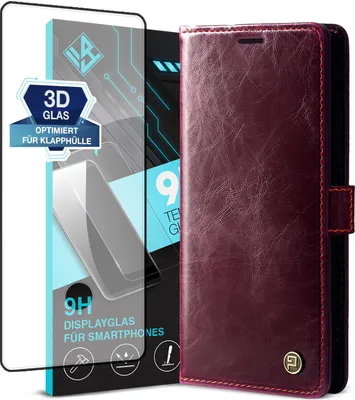 Produktbild von Handyhülle für Samsung Galaxy S22 Ultra mit 9H Displayglas Kunstleder Flip Vintage Cover Hülle RFID Schutz Case Kartenfach Farbe: Weinrot