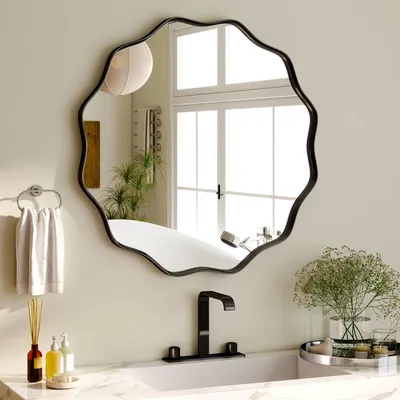 Produktbild von Koonmi 50 cm großer runder Spiegel mit gewellter Kante, Wandspiegel mit Metallrahmen, zum Aufhängen oder Anstellen an die Wand, Schwarz