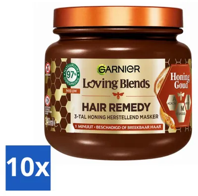 Imagen del producto de 10 unidades de Garnier Loving Blends, tratamiento capilar para cabello dañado y quebradizo, en formato mascarilla, 340 ml. Paquete económico