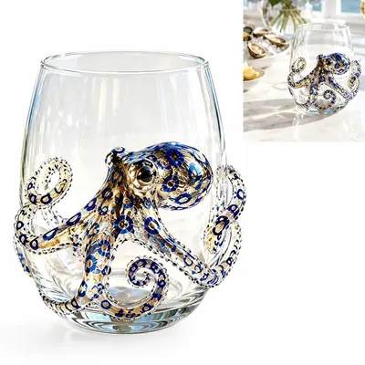 Produktbild von Oktopus Glas handgemacht, Kraken Weinglas ohne Stiel im maritimen Design, Meerestier Trinkglas für Wein, Cocktails und als Geschenk