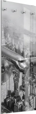 Produktbild von DEQORI Kleiderhaken aus Glas 50x125 cm 'Flugzeug über Stadt' Wand Garderobe Paneel Haken
