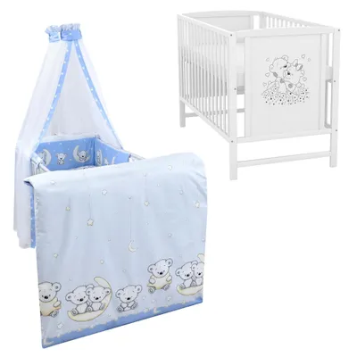 Produktbild von Baby-Delux Babybett Gitterbett Mia weiß 120×60 inkl. Matratze Bettwäsche Set 10tlg Teddy Mond Blau