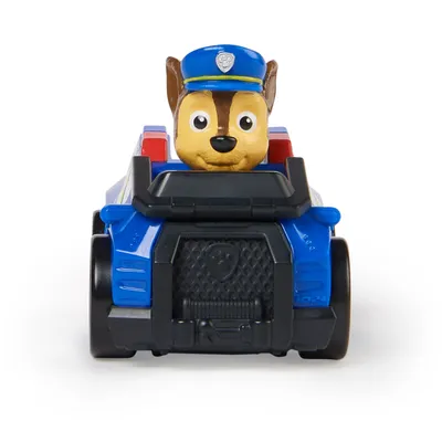 A toy police car with a dog character on top, shown from the front.