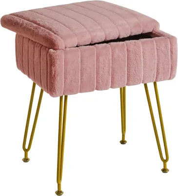 Produktbild von Rosa Vanity-Hocker mit Aufbewahrung aus Kunstfell, Ottoman | Fußstütze, Fußhocker und kleiner Beistelltisch mit 4 Metallbeinen und rutschfesten Füßen für Make-up-Zimmer und Schlafzimmer