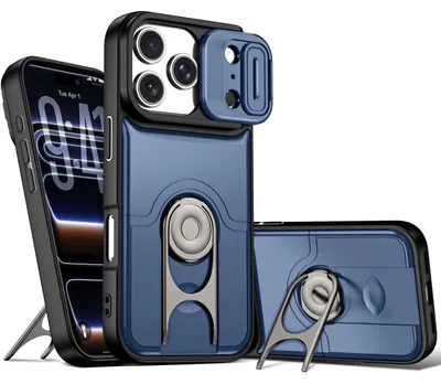 Obrázek produktu pro Pouzdro pro iPhone 17 Pro, Posuvným krytem fotoaparátu a kroužkovým stojánkem, nárazuvzdorné ochranné pouzdro Modrá