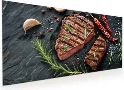 Produktbild von Küchenrückwand Spritzschutz Glas mit Motiv Gegrilltes Steak 40 x 40 cm