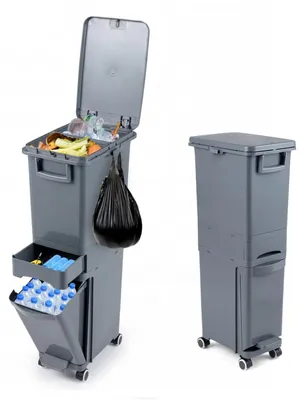 Immagine prodotto di Contenitore per rifiuti da 32 litri su ruote, raccoglitore di rifiuti per la cucina, sistema di raccolta differenziata con 3 scomparti, bidone con pedale e maniglia, ganci per cucina, appartamento, ufficio (grigio)