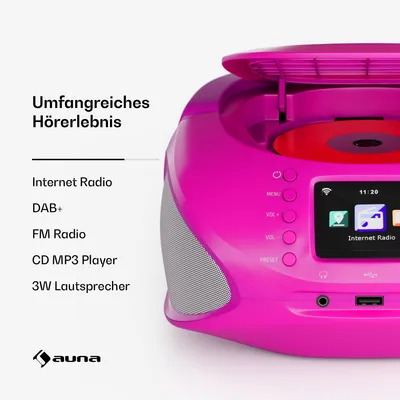 Produktbild von Auna Roadie Smart CD-Player Tragbar – Bluetooth-Boombox Mit Dab+/Fm/Internet-Radio, CD/Mp3-Player, 2,4" Tft-Display, Batteriebetrieb, 3 W Lautsprecher, Aux/Usb, Rosa