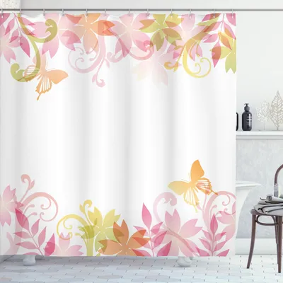 Zdjęcie produktu dla ABAKUHAUS Pastelowa zasłona prysznicowa, wiosenna girlanda kwiatowa – delikatny wzór kwiatów, motyli i liści, 175 x 200 cm, jasnoróżowy imbir