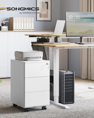 A modern home office setup featuring a standing desk, a filing cabinet, a printer, and a computer.