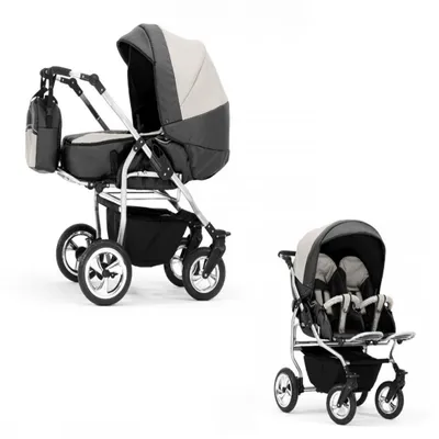 A collage of two baby strollers on a white background. The top image shows a single stroller with a bassinet attachment and a diaper bag. The bottom image shows a double stroller with two seats.