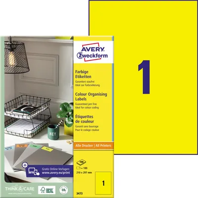 Obrázok produktu pre Avery - Etiketten - Gelb - A4 (210 x 297 mm) - 100 Stck. (100 Bogen x 1) (3473)