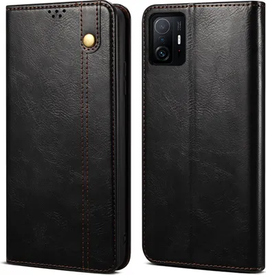 A black leather flip wallet case for a Xiaomi Mi 11T phone is shown from two angles.