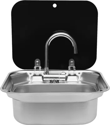 Image de Évier pour camping-car/caravane/bateau - Évier encastrable - Acier inoxydable - Couvercle en verre - Robinet d'eau chaude/froide - 41 x 36,5 x 16 cm - Gris