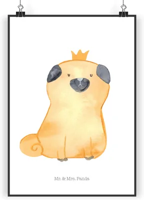Produktbild von Mr. & Mrs. Panda Bild Mops Krone DIN A3 - Weiß - Geschenk, Lustig, König, Kunstdruck, Sprüche, Königlich, drucke, Plakat, Allergisch, wanddeko, Hund, Wandbild