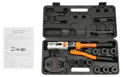 Produktbild von Hydraulische Crimpzange - Manuelles Presswerkzeug 10 t - 10 Matrizensätze - 360° drehbarer Kopf - Sechskantpressung 12–28 mm Kupfer/Alu/PEX - Orange