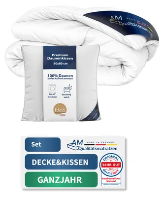 Zdjęcie produktu dla Zestaw premium z pierzem | Poduszka 80x80 cm i kołdra całoroczna 200x200 cm | 100% pierze | Oddychający | Certyfikat Downpass