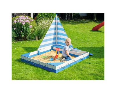 Image de dobar Bateau bac à sable "Maritim" avec voile et deux coffres à jouets, 138,5 x 124 x 115,5 cm, bleu/blanc