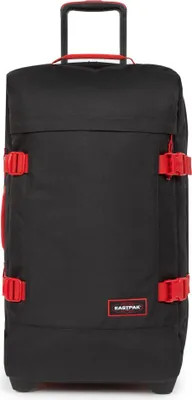 A black Eastpak trolley suitcase with red accents, shown from the front against a white background.