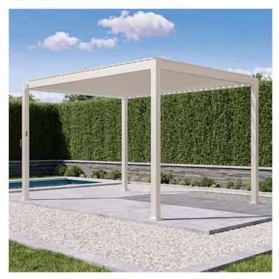 Productafbeelding van Mirador Pergola 111S, 3 x 4 meter, stalen lamellenkap, aluminium palen, regenafvoer, vrijstaand, windbestendig tuinpaviljoen (lichtbruin)