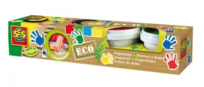 Produktbild von SES Creative 24926 - Eco Fingerfarbe 4 Farben x 150ml, aus natürlichen Rohstoffen, Hautfreundlich, Auswaschbar, Recycelte Verpackung, 110 g (4er Pack), Blau, Grün, Rot, Gelb, Waschbar, 110 ml