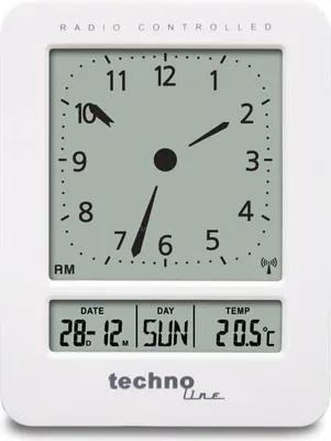 A white digital alarm clock with a clock face and date/temperature display.
