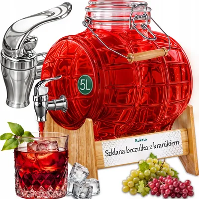 Obrázek produktu pro Kuketo | Skleněný sud s jeřábem 5 l na dřevěném stojanu - velká karafa na whisky, víno, likér a pálenku - dekorativní sud pro domácí bar a oslavy