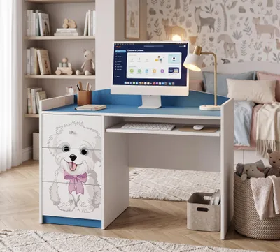 Produktbild von Blauer Kinderschreibtisch mit Schublade und Schrankfach, Schülerschreibtisch Hausaufgabentisch für Jungen, Computertisch mit Motiv