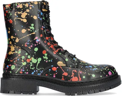 A single black boot with a paint splatter design.