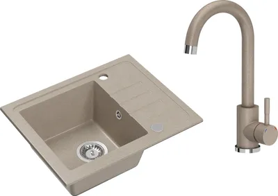 A beige granite sink and a matching faucet are shown against a white background.