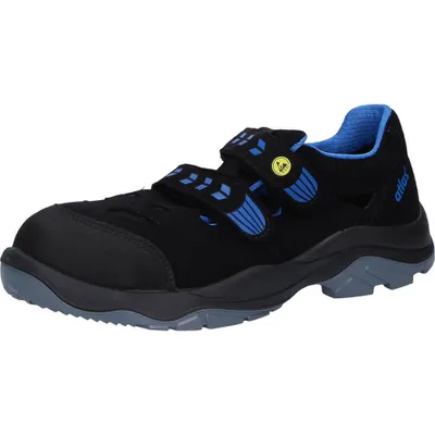 A single black safety shoe with blue accents is shown against a white background.
