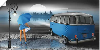 Produktbild von ARTland Poster Regennacht in Blau mit Camper T1 Größe: 150x75 cm