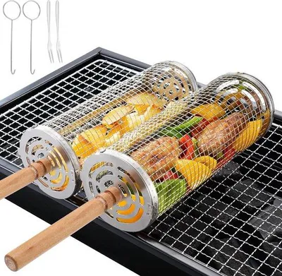 Image de Panier à grillades rond en acier inoxydable, portable, pour légumes et saucisses