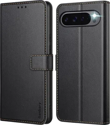 Zdjęcie produktu dla Etui na telefon Ganbary Google Pixel 9 Pro XL skórzane czarne + 2 miejsca na karty i funkcja podstawki
