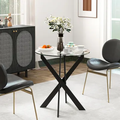 Productafbeelding van Eettafel van rundleer met glazen blad, keukentafel met gehard glas, glazen tafel met stalen, metalen poten, zwart | Ø 70 cm | 75 cm hoogte | 8 mm veiligheidsglas