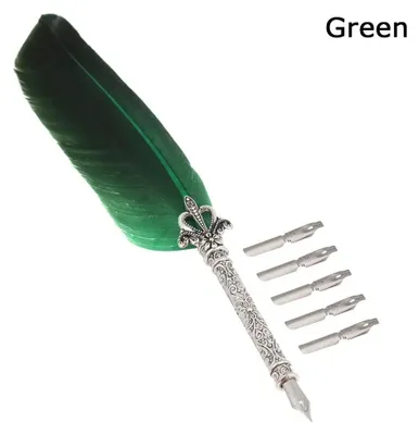 Produktbild von Vintage Kalligraphie Feder Set mit 5 Schreibfedern Tintenfeder Stift Kalligraphie-Set Unterschrift Schreibset - Farbe: Grüne Feder