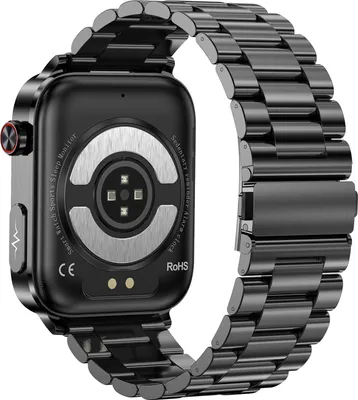 The back of a black smartwatch with a metal band is shown against a white background.