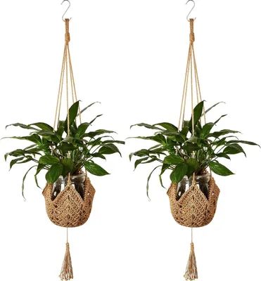 Produktbild von Set mit 2 Makramee-Hängeblumenkörben aus Juteseil mit Aufhängehaken zur Dekoration