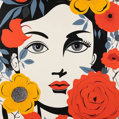 Produktbild von Künstlerisches Poster Blumen Aura, Frau mit Blumen und roten Lippen, mit weißem Rand, 30x30cm