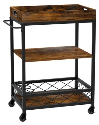 Produktbild von Küchen- und Barwagen - Servierwagen - 3 Ebenen - Mit Weinregal - 4 Rollen - Holz & Metall - Industrieller Vintage-Stil - Zum Selbstaufbau - Braun