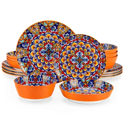 Image de Service de table 4 personnes, 16 pièces service combiné en porcelaine, set de vaisselle avec assiette plate, assiette à dessert, assiette à soupe, bols, style bohème