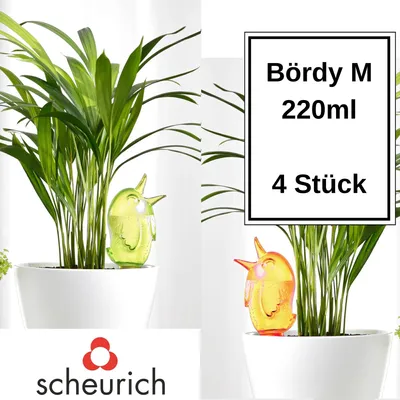 Obrázek produktu pro Dávkovač vody Scheurich Bördy M | sada 4 kusů zelená/oranžová | objem náplně 220 ml | malá zálivka s hliněným podstavcem | dávkovač vody na rostliny a květiny terakotový stonek