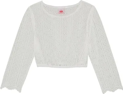Vorderansicht der cremefarbenen Spieth & Wensky Dirndlbluse mit floraler Spitze, V-Ausschnitt und halblangen Ärmeln mit welligen Säumen. Elastischer Stoff sorgt für perfekte Passform und Bewegungsfreiheit bei traditionellen Anlässen.
