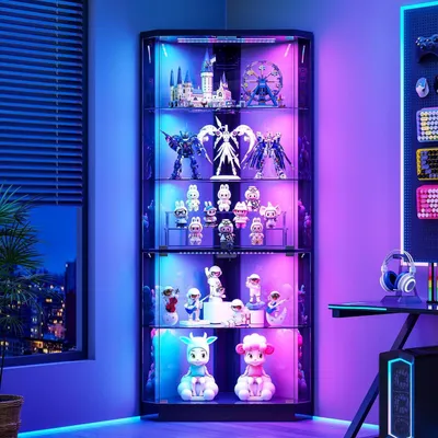 Immagine prodotto di Vetrina espositiva con illuminazione a LED e ante in vetro, altezza 175 cm, 5 ripiani, colore nero