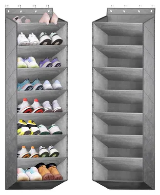 Image de Étagère à chaussures suspendue, grise, avec 8 compartiments, dimensions 160x41x17 cm, en tissu Oxford 600D