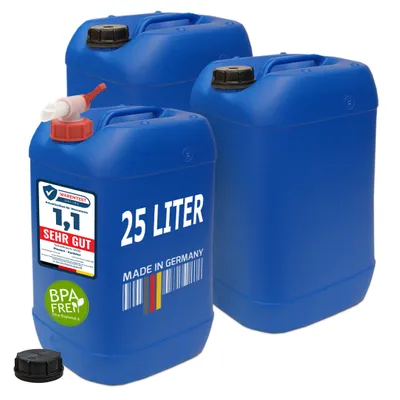 Produktbild von plasteo 3X 25 Liter Getränke- Wasserkanister mit 1 Hahn und 3 Schraubdeckel (DIN 61) | Lebensmittelecht | BPA Frei | Tragbar | Indoor und Outdoor Blau