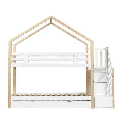 Produktbild von Kinderbett mit 4 Schubladen Absturzsicherung und Kinderbettgitter Etagenbett Hausbett Jugendbett 90x200cm&90x190cm Natur+Weiß