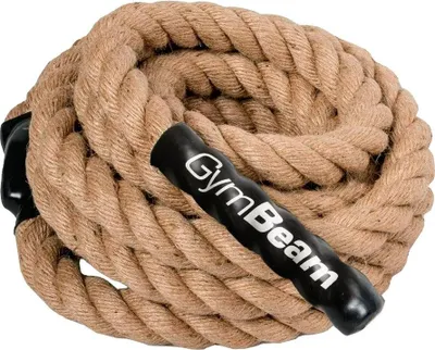 A coiled climbing rope with a black handle featuring the 'GymBeam' logo.