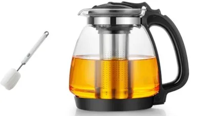 Productafbeelding van Unyqoos® theepot van glas, 2 liter – hittebestendig, met roestvrijstalen zeef, deksel van voedselveilig PP-materiaal en reinigingsborsteltje, geschikt voor zwarte, groene en kruidenthee